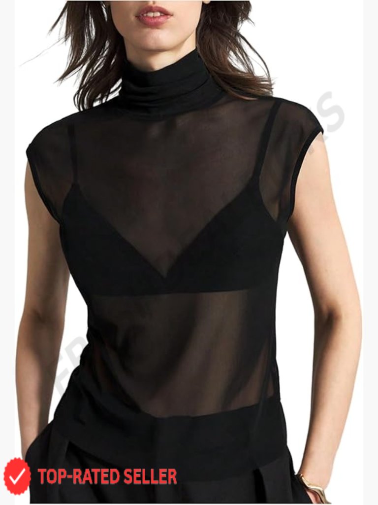 Sheer Mesh Turtleneck Cap Sleeve Fitted Top See Through Going Out Tee